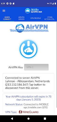 AirVPN Eddie Client GUI Screen 3