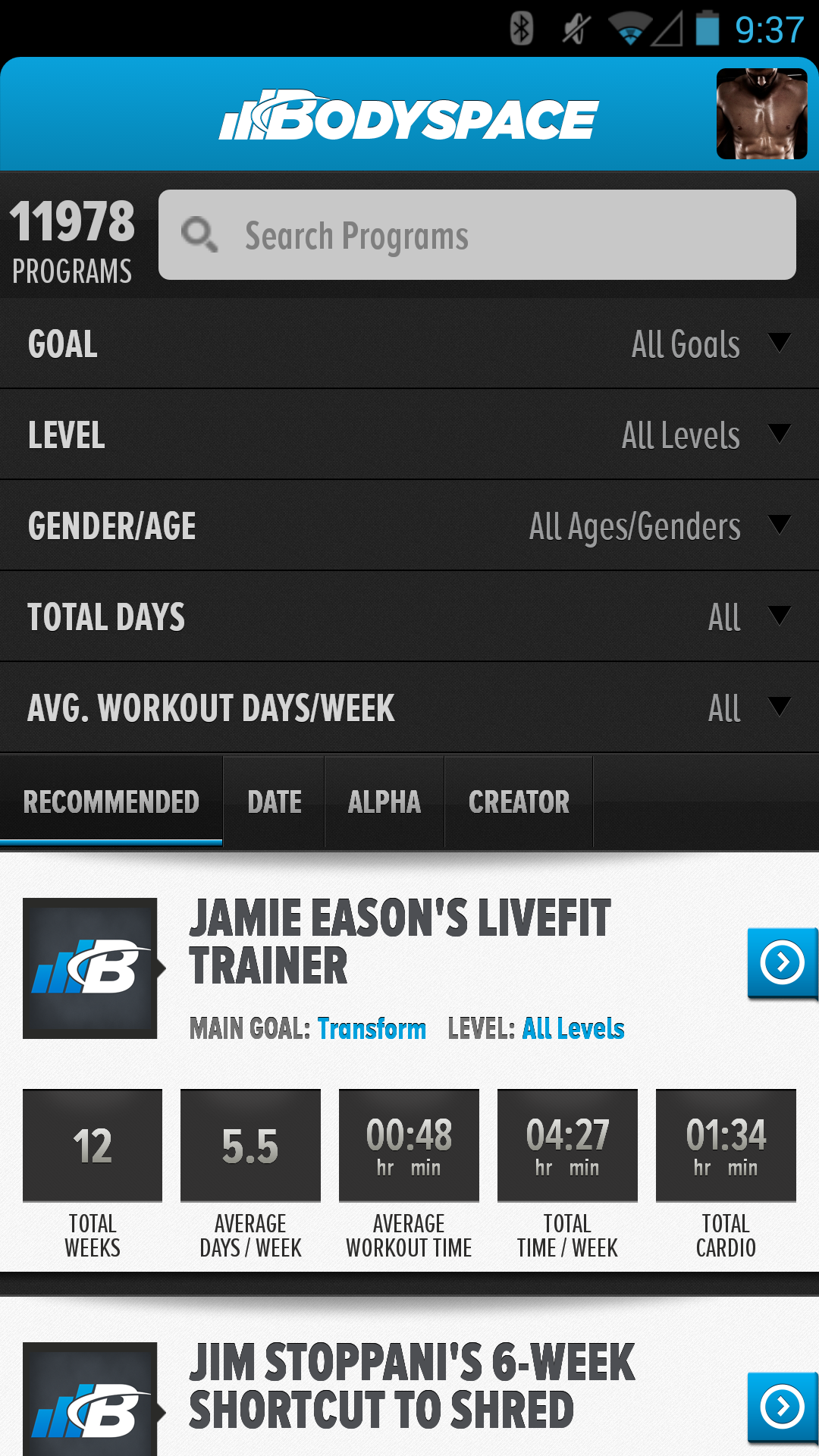 Android application BodySpace - Social Fitness App screenshort