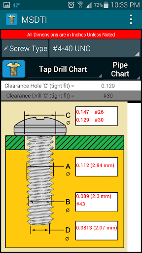 Android application Machine Screws Drill/Tap Info screenshort