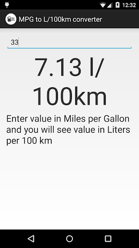 Android application MPG to L/KM Converter screenshort