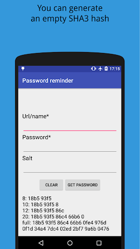 Android application Password reminder SHA3 screenshort