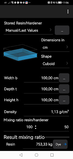Android application Epoxy resin calculator screenshort