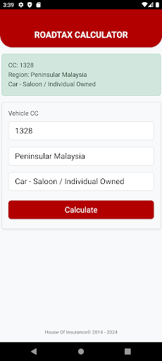 Android application RoadTax Calculator screenshort