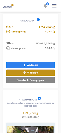 Valores Metal Account Screen 2
