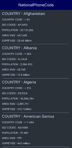 Android application National Phone Code Dialing screenshort