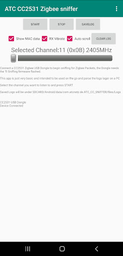 Android application ATC CC2531 USB ZigBee Sniffer screenshort