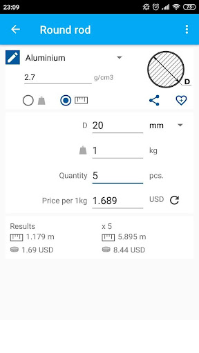 Material weight calculator Screen 3