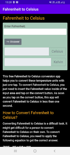 Android application Fahrenheit to Celsius screenshort