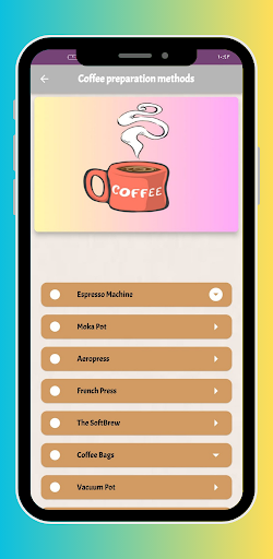 Android application Coffee preparation methods screenshort