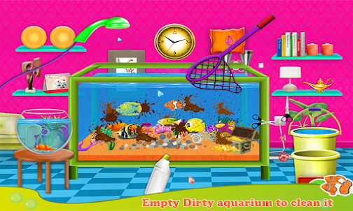 魚水族館の洗濯：ペットケア＆家のクリーニングゲーム