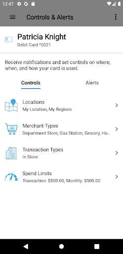 Bossier Federal Card Control Screen 3