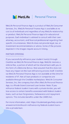 Screenshot of MetLife Personal Finance App