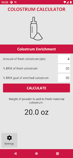 Colostrum Calculator Screen 2