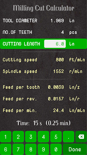 Milling Cut Calculator Screen 3