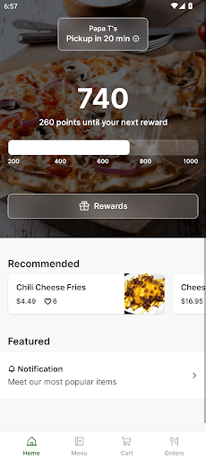Android application Papa T's Pizza screenshort