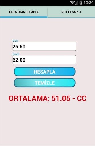 Android application Aöf Not Hesaplama screenshort