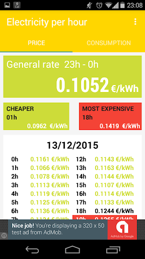 Android application Electricity per hour screenshort