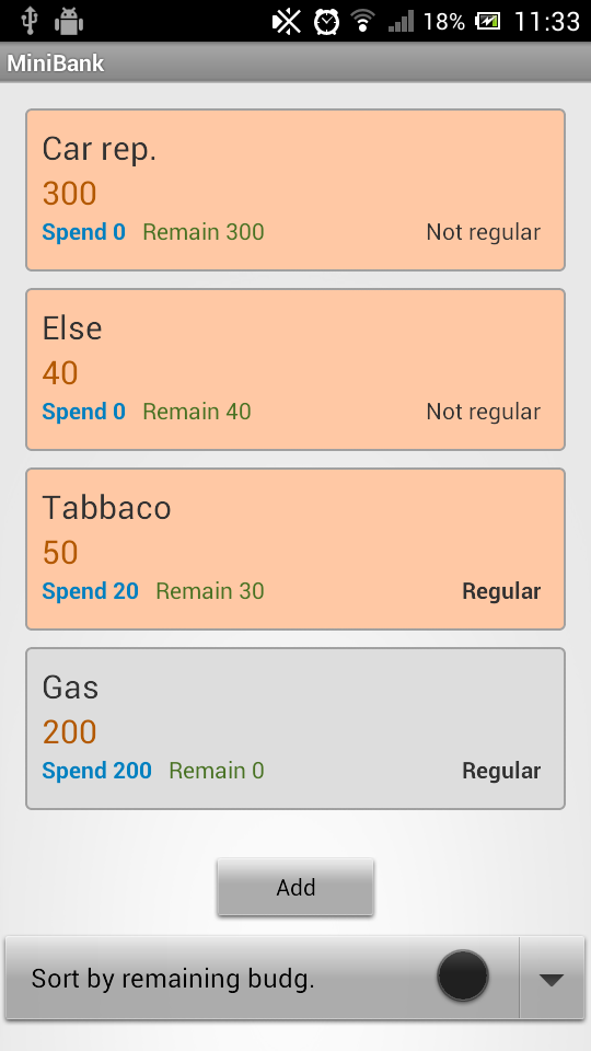 Android application MiniBank - personal budget screenshort