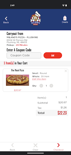 Screenshot of Milano’s Pizza