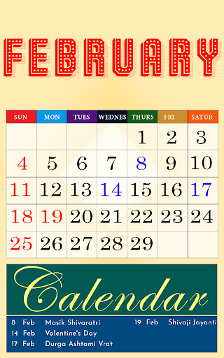 English calendar Screen 2