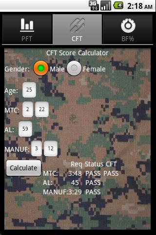 USMC PFT / CFT / Body Fat Calc Screen 2