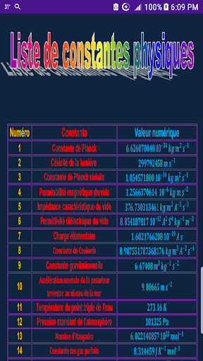 Android application Liste de constantes physiques screenshort