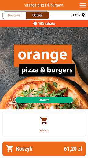 Android application orange pizza & burgers screenshort
