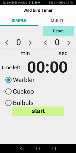 Android application Wild bird Timer screenshort