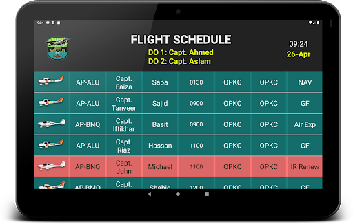 Karachi Aero Club Flight Sched Screen 2