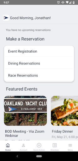 Oakland Yacht Club App Screen 2