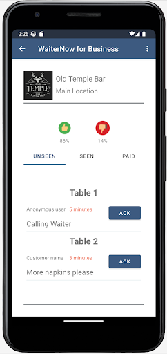 WaiterNow for Business Screen 2