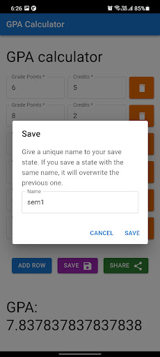 CGPA and SGPA Calculator Screen 3