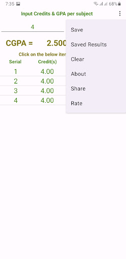 CGPA Calculator Screen 2