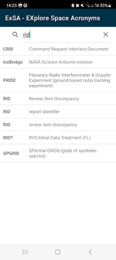 Android application ExSA - Explore Space Acronyms screenshort