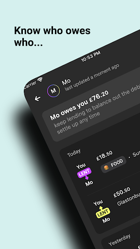 Android application lendhelper: track shared costs screenshort