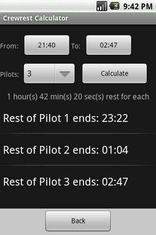 Aviation Crewrest Calculator Screen 2