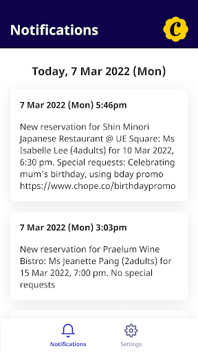 Chope Merchant Notifications Screen 2