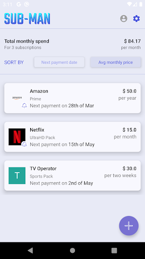 Android application SubMan - Subscription manager screenshort