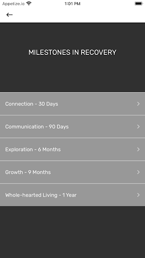 Milestones in Recovery Screen 2