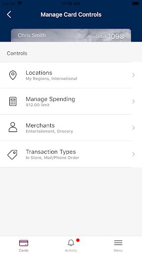 Florence Bank Card Controls Screen 3