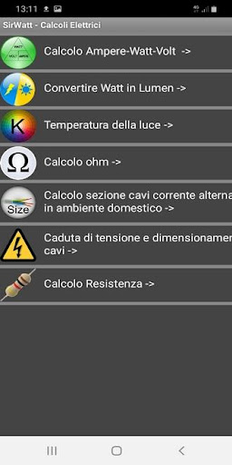 Android application SirWatt Calcoli Elettrici screenshort