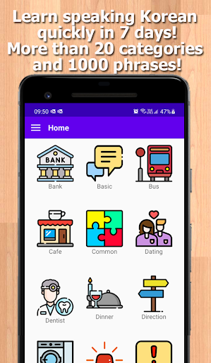 Android application Learn Korean Phrasebook screenshort