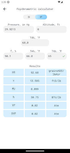 HVAC engineering calculator Screen 3