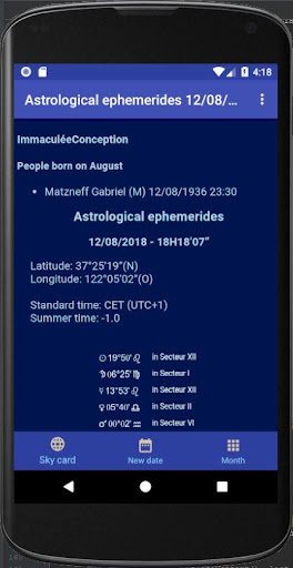 Astrological ephemeris Screen 2