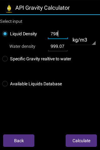 API Gravity Calculator Screen 2