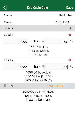 Dry Grain Calculator Screen 2