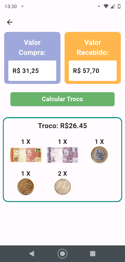 Android application Calculadora de Troco screenshort