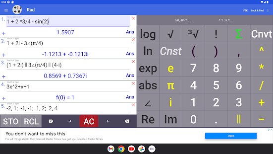Captura de tela da calculadora de números complexos