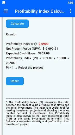 Profitability Index Calculator Screen 2