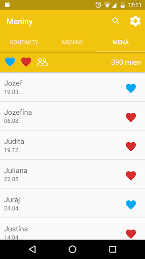 Kontakty, meniny, mená Screen 3